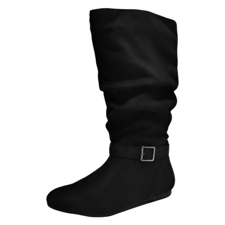 

Entyinea Wide Calf Boots for Women Platform Mid Calf Boots Round Toe Lug Sole Booties with Side Zipper Black 41