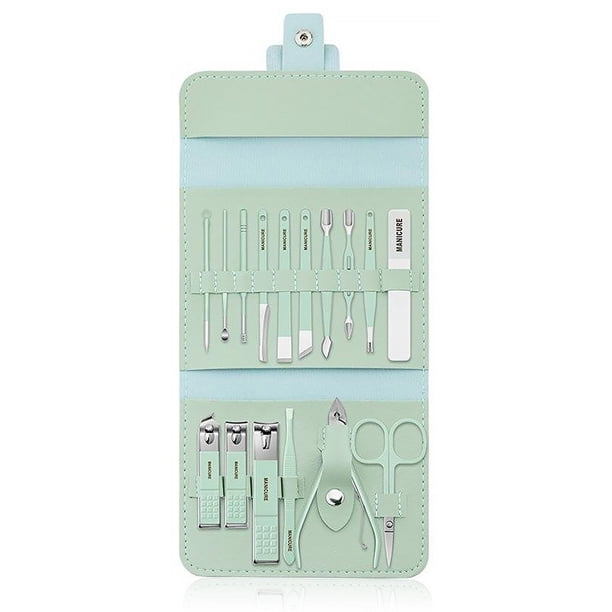 Injueey Cortaúñas de 16 piezas con estuche de transporte, limas de esmalte de uñas de pedicura de acero inoxidable, kit de manicura para Almacenamiento y organización del hogar