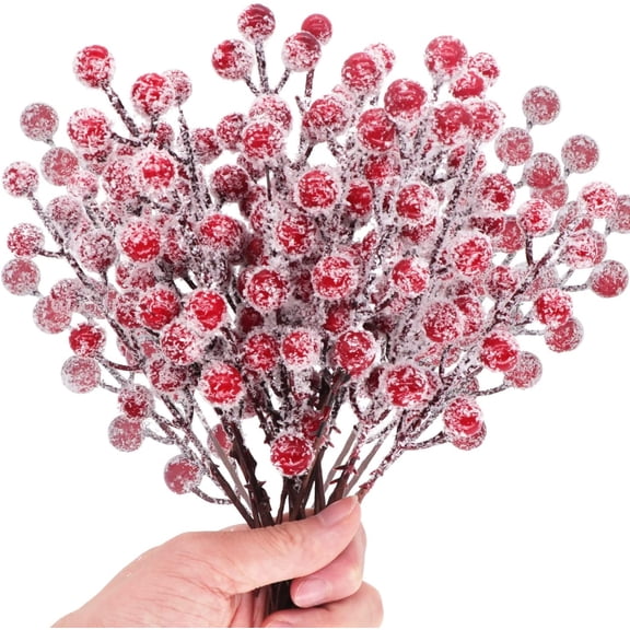 24 Pcs Artificial Holly Berry Stems Christmas Berry Picks Sprays Snowy Fake Red Berries for Christmas Tree Branches Fillers Ornaments Valentine DIY Crafts Wedding Home Party Winter Decor