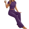 thumbnail image 4 of Womens 2 Piece Lounge Set Short Sleeve Crop Top Wide Leg Flare Pants Matching Pajamas Set Cozy Stretchy Y2k Sleepwear Casual Daily Outfit, Purple, M, 4 of 8