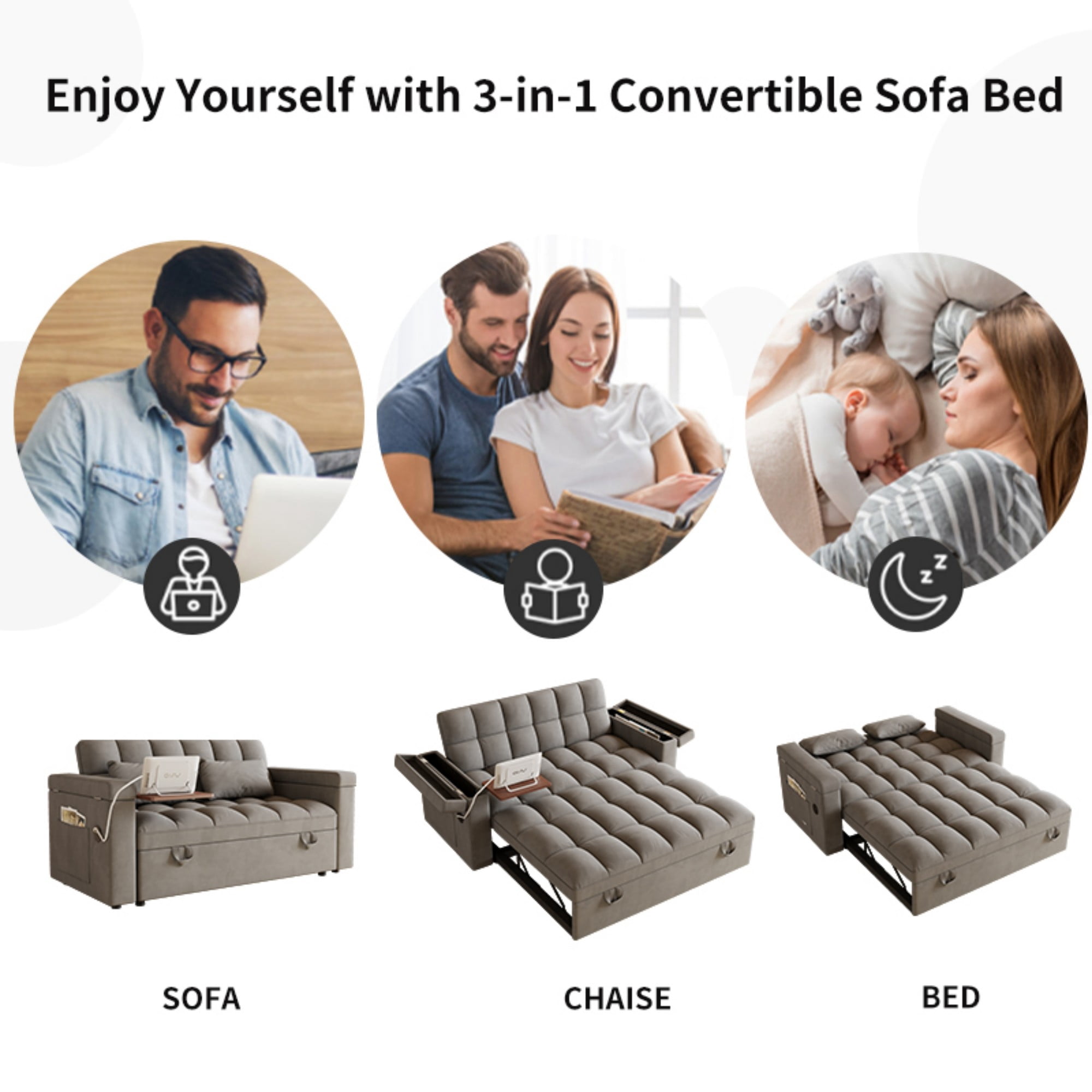 Gewnee 65" Foldable Sofa Bed with Table Board & USB,5-Level Adjustable Backrest & Pillow & Storage Armrests,Space-Saving for Living Room,Apartment,Office.Dark Grey