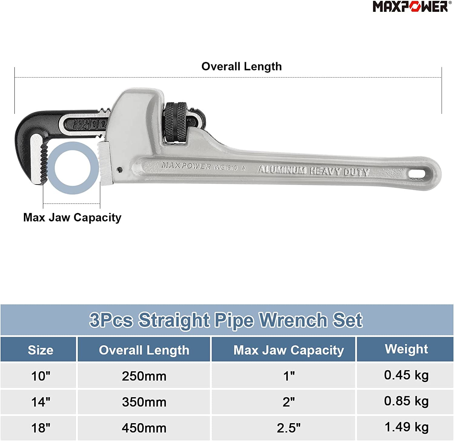 MAXPOWER Pipe Wrench Set 10" 14" 18", Aluminum Plumber Wrenches, Straight Plumbing Wrench