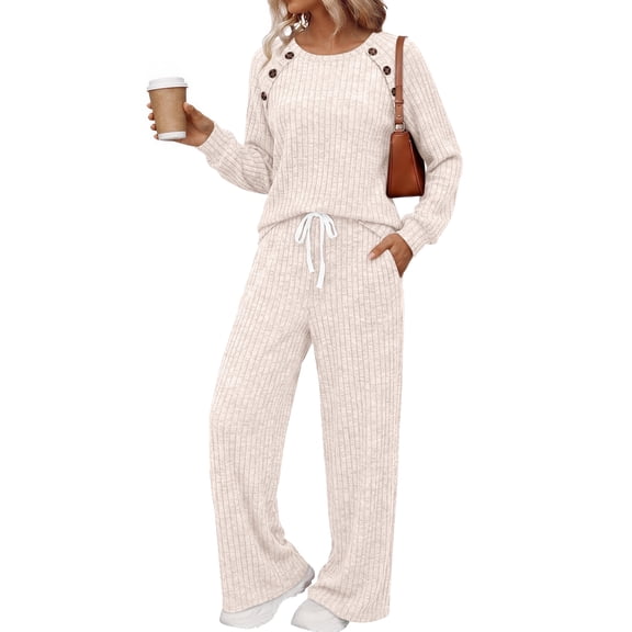 Two Piece Sets Womens Lounge Sets Fall Wide Leg Pants with Pocket Matching Sets Crew Neck Top Casual Pajamas Sets Clothes