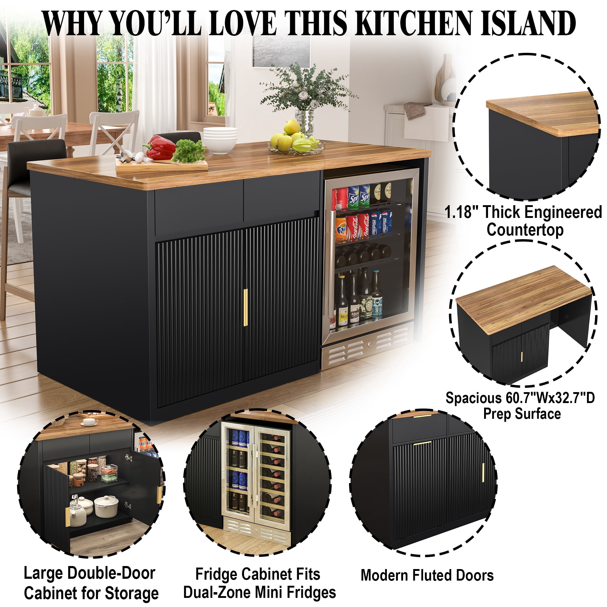 60.7"W Large Kitchen Island with Fridge Space, Modern Kitchen Bar Island Table