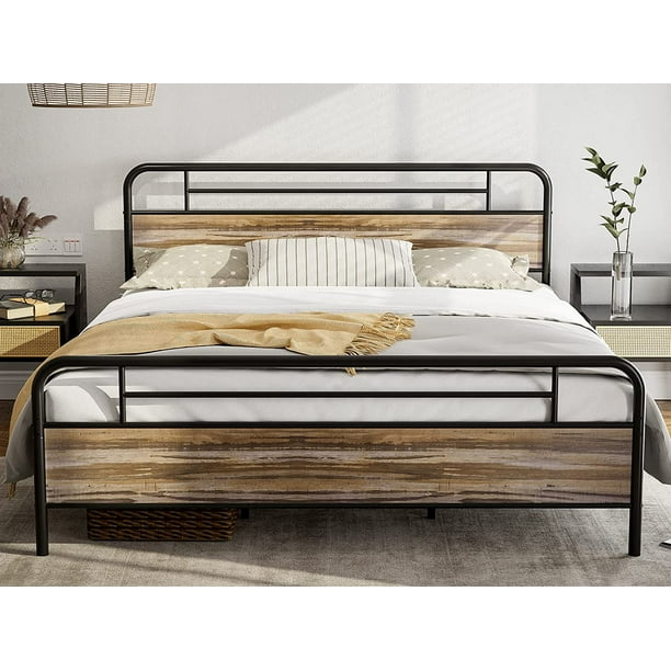 IKIFLY King Size Metal Platform Bed Frame with Wood Headboard Footboard