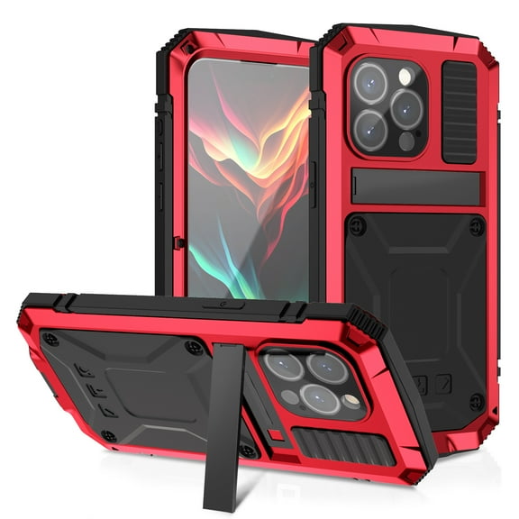 Dteck for iPhone 15 Pro Max Case,Outdoor Sports Military Heavy Duty Metal Cover Shockproof Dustproof Full Body Case with Built in Tempered Glass Screen Protector Hybrid Kickstand Cover,Red