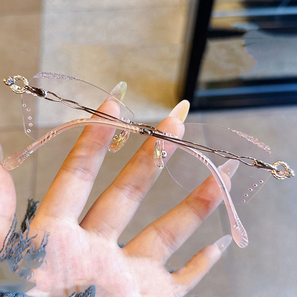 Women's Rimless Reading Glasses 4.00 Anti-Blue Light Bling Diamond Frameless Rose Gold Readers 4.00 Strength