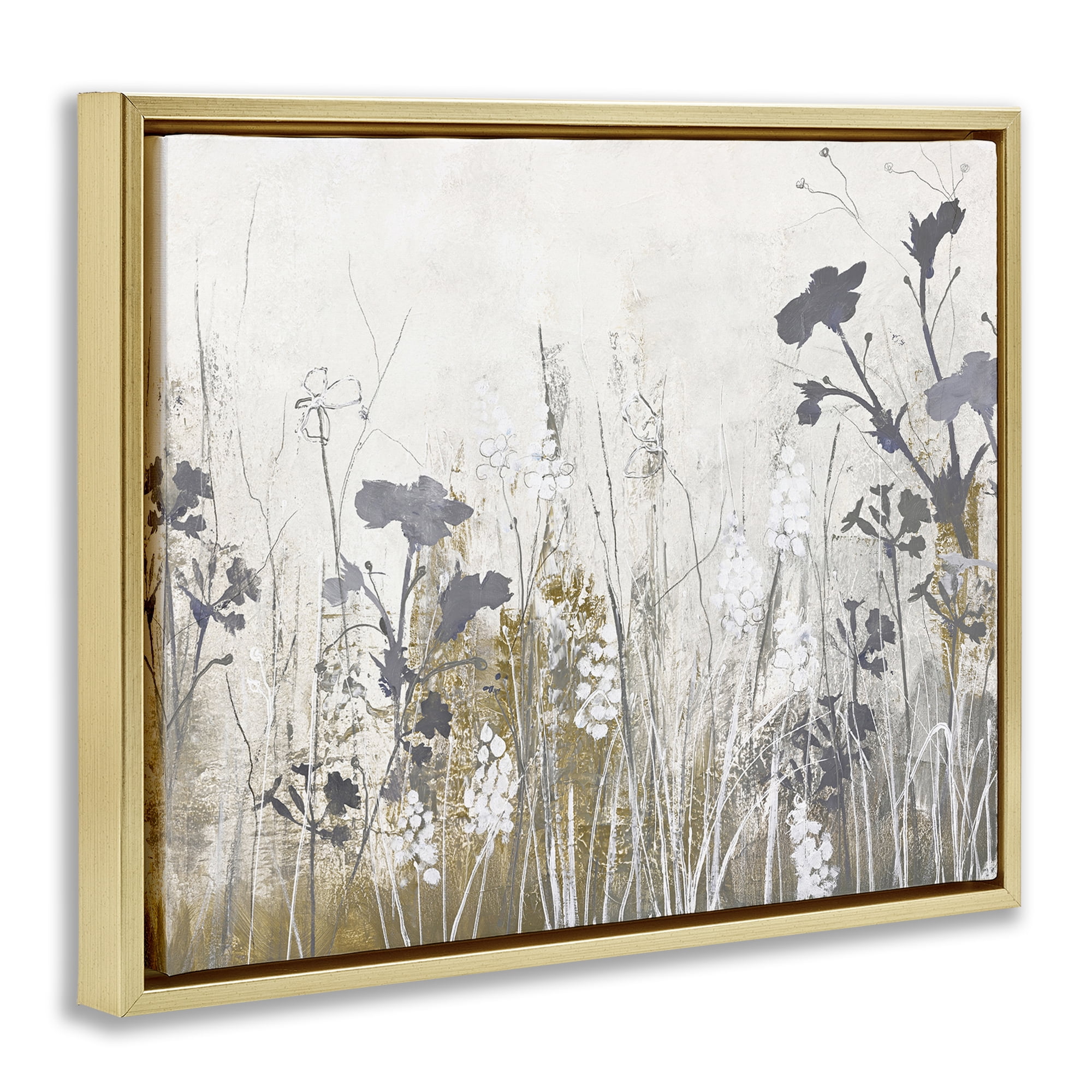 Stupell Industries Grey Flower Silhouettes Plants & Flowers Painting Gold Floater Framed Canvas Art Print Wall Art, 21 x 17