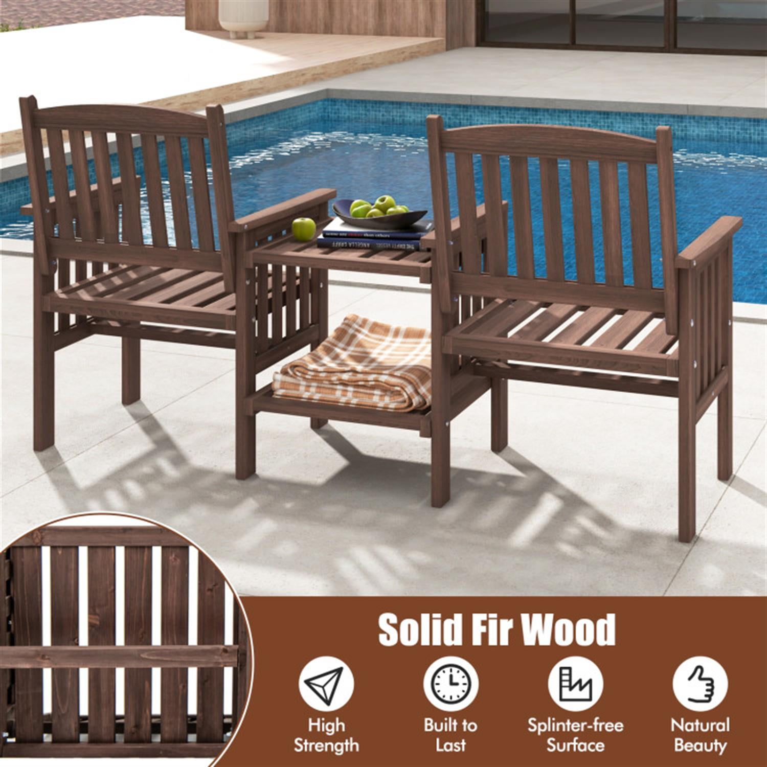 Demi Bonn Outdoor Fir Wood Loveseat with 2-Tier Side Table and 1.96" Umbrella Hole, Conversation Chairs for Garden Poolside Balcony, Brown