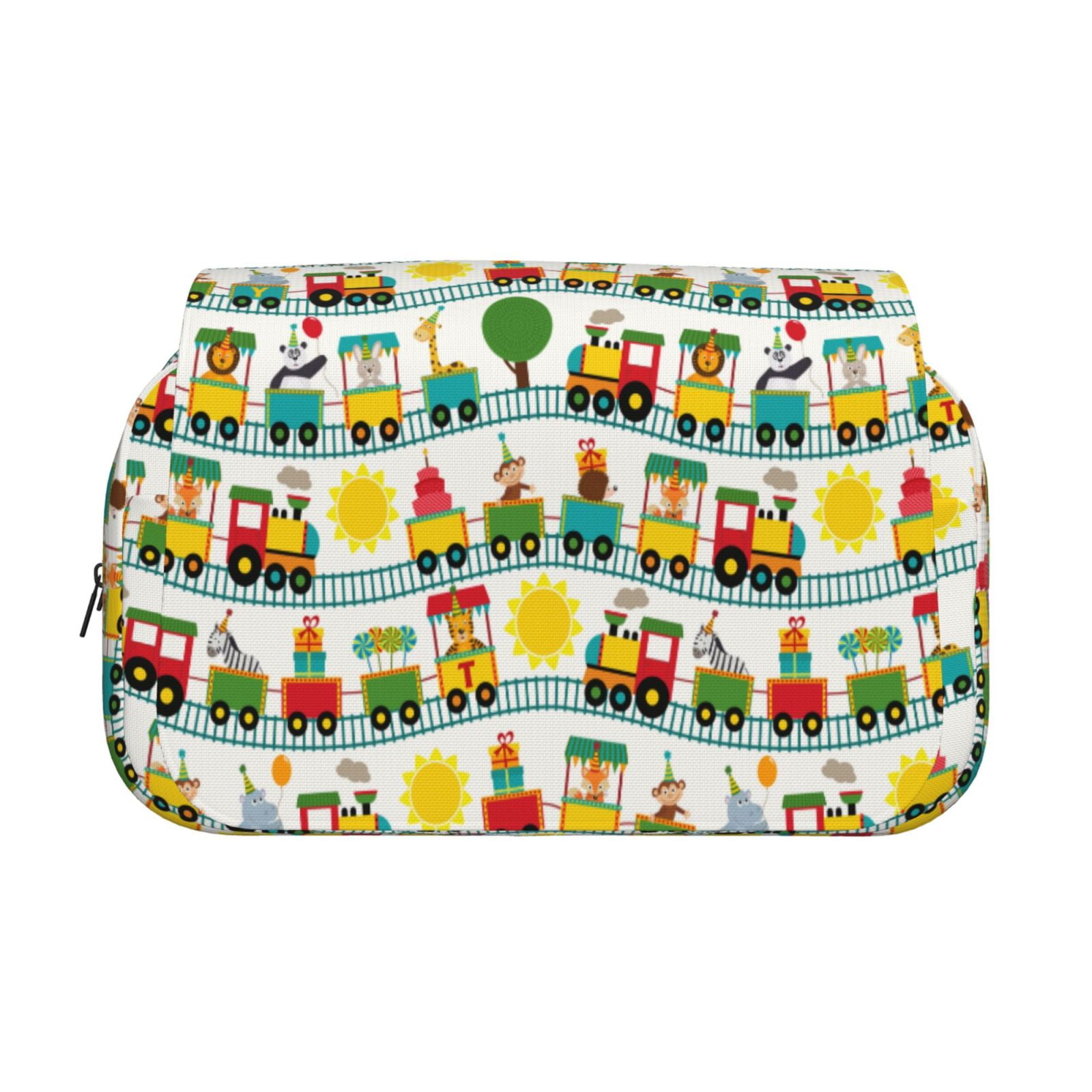 Rateoe Train With Animals Pattern Double Clamshell Pen Case, Storage Organizer with Two Zipper Compartments– Holds Up to 50 Pencils & Pens