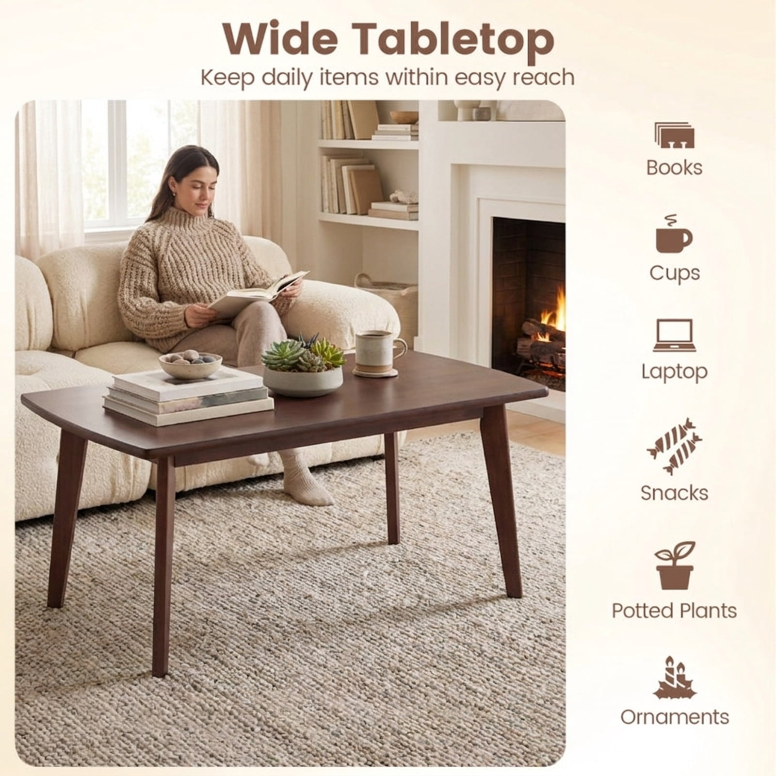 Furnibear Solid Wood Modern Coffee Table with Tapered Legs - Walnut - Living Room Cocktail Center Table