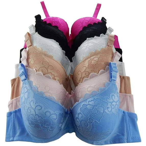 Iheyi 6 Pieces Plus Size Wired Full Cup/Demi Lace Plain Light Padded D/DD/DDD Bra (40DD)