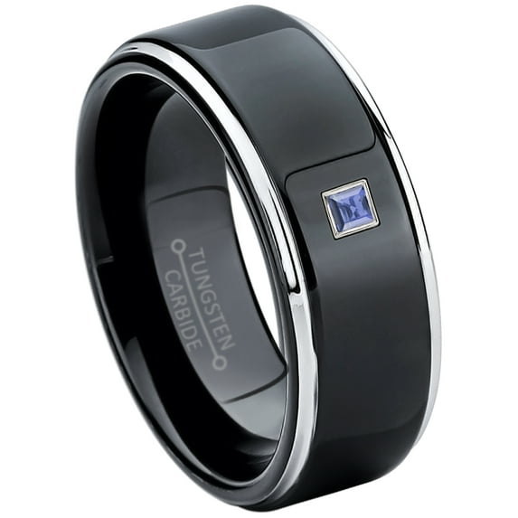 0.05ctw Princess Cut Tanzanite Tungsten Ring - 8MM Polished Black IP Stepped Edge Tungsten Carbide Wedding Band - December Birthstone Ring - 14kt White Gold Bezel - TN118PS-1TZNs8.5