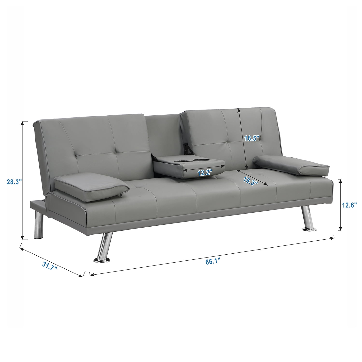 Kadyn Futon Sofa, Mid Century Sofa Bed with Armrest, Leather Futon for Office, Gray Kadyn Futon Sofa, Mid Century Sofa Bed with Armrest, Leather Futon for Office, Gray