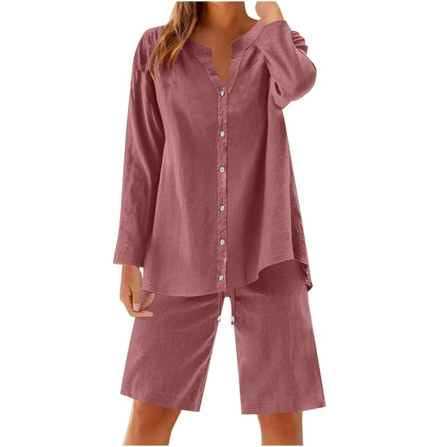 UAMVSH Women Button down Two Piece Sets Plus Size Cotton Linen Long Sleeve Shirts and Drawstring Bermuda Shorts Beach Outfits(X-Large,Watermelon Red 1)