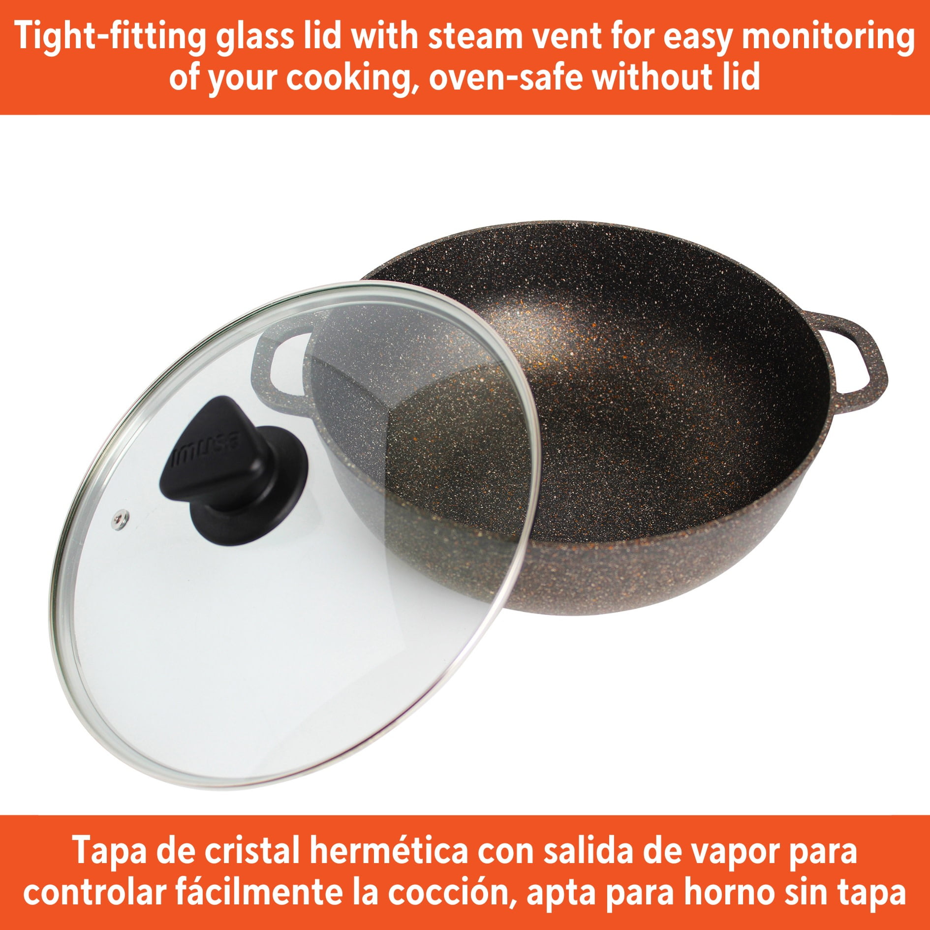 IMUSA 7qt Fuzion Cast Aluminum Bronze Speckled Nonstick Caldero with Glass Lid, Black - 30cm