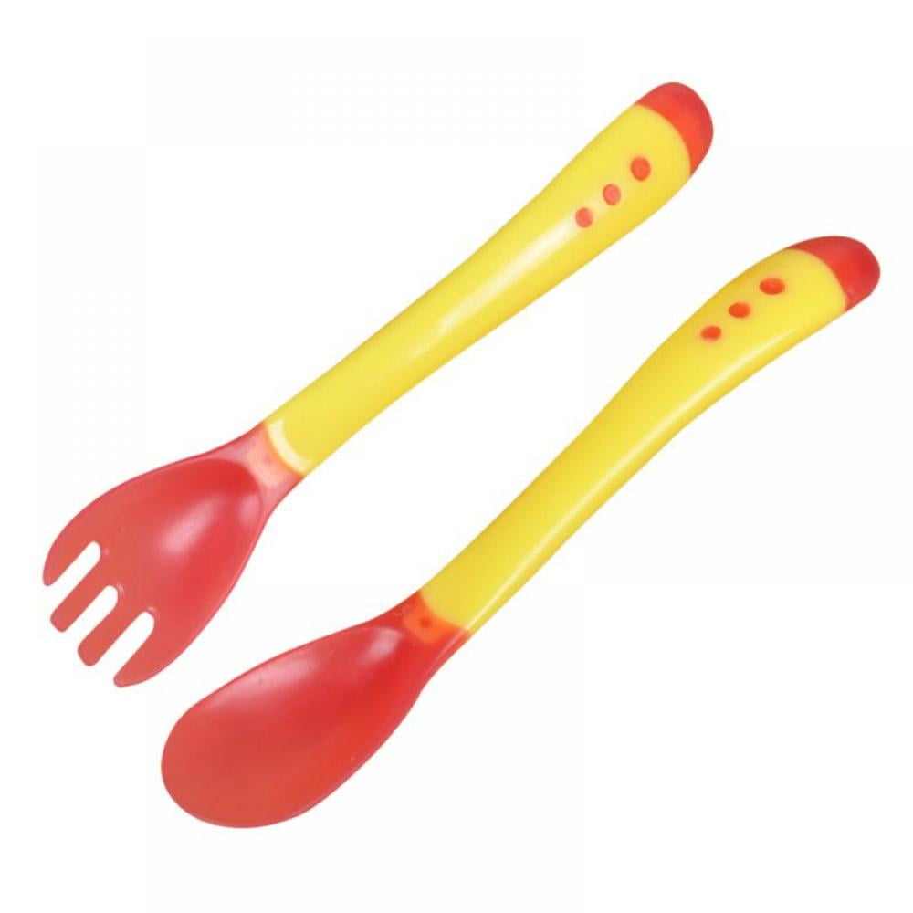 Baby Spoon and Fork Set Self Feeding Training Silicone Heat Sensitive