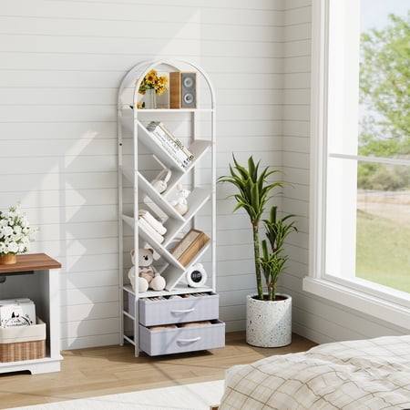 Tall 6-Tier Tree Bookshelf with 2 Fabric Drawers – Narrow Industrial Bookcase for Small Spaces – Wood and Metal Storage Shelf – Ideal for Living Room Bedroom