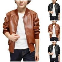 NAISIBABY Boys PU Leather Bomber Jacket 12T, Handsome Long Sleeve Zipper 2025 Fashion Motorcycle Coat Brown(2-16T)