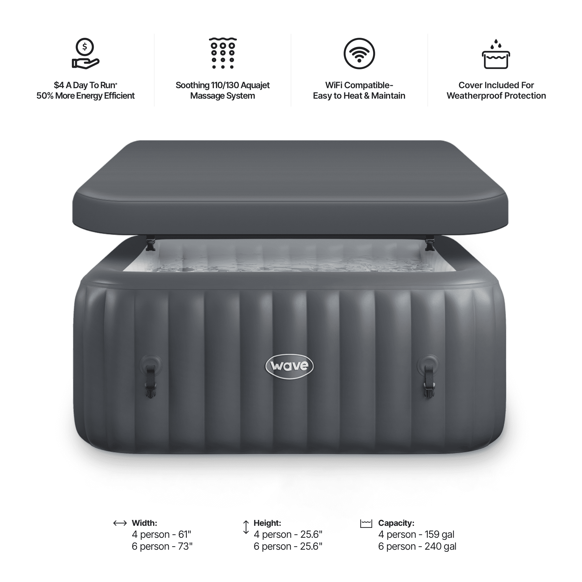 Wave Pacific 6-Person Square Inflatable Hot Tub, EnergySave Bundle | 130-Jet Spa | Dark Gray