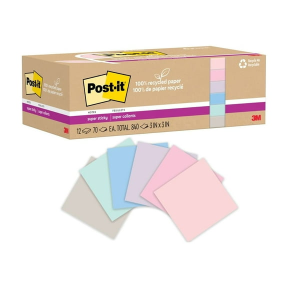 Post-it Super Sticky Recycled Notes, Wanderlust, 3 in x 3 in, 12 Pads