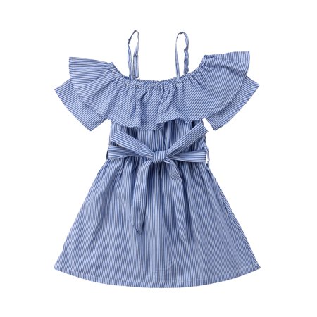 Summer Baby Kids Girls Off-shoulder Dress Toddler Princess Party Tutu Dress Striped Casual Dress Sundress Clothes