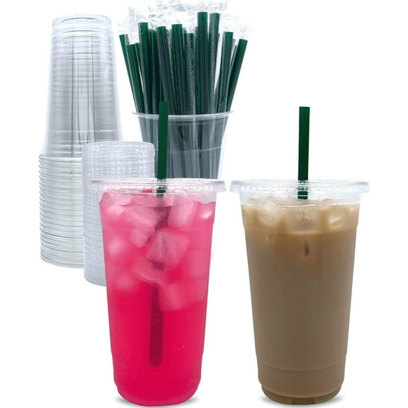 32 oz Clear Plastic Cups with Lids and STRAWS, Disposable Party Cups for To Go Iced Coffee Cold Drinks, Smoothie, Juice, Parfait, Frappuccino, Milkshake. No Leaking Fruit Cup, 25 Sets