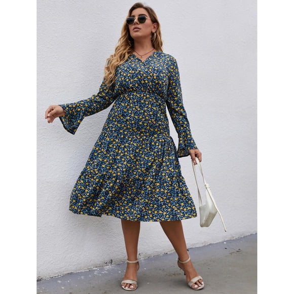 U.Vomade Elegant Fashion Plus Size V Neck Long Sleeve Floral Print Casual Casual Floral Long Dress High Waist Dress