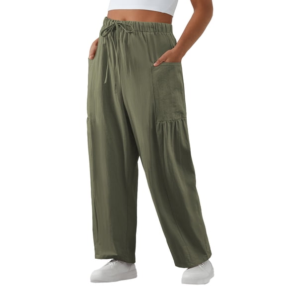 SHEWIN Cotton Pants Women Plus Size Pants Wide Leg Pants Drawstring Elastic Waist Lounge Pants Lightweight with Pockets