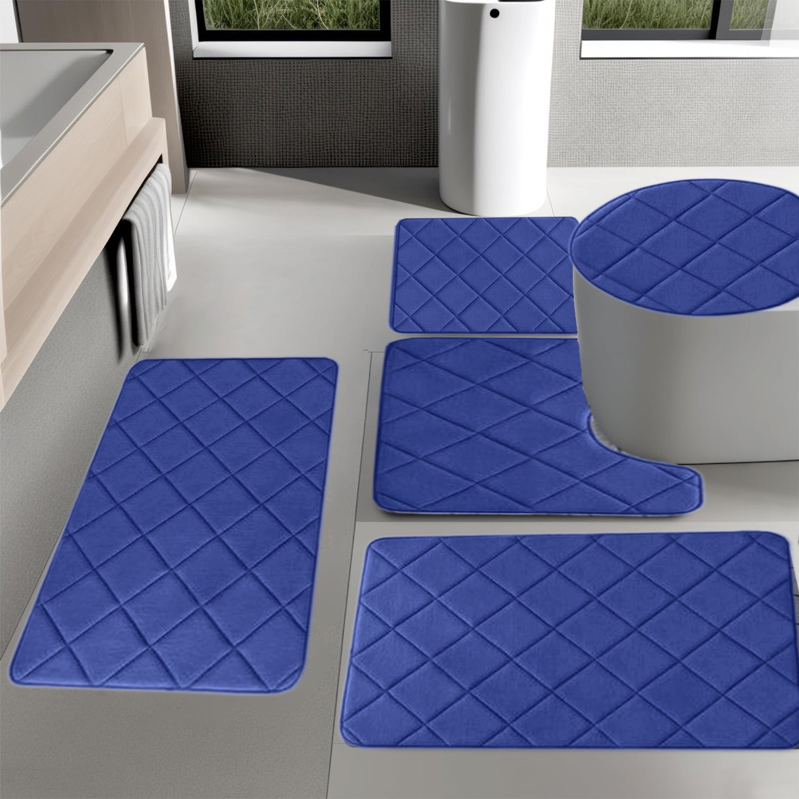 5-Piece Bathroom Rug Set, Soft Foam Non-Slip Bath Mats for Shower Toilet, Water Absorbent Thick Rugs for Comfort Foot Massage, Washable Quick Drying Multi-Purpose Floor Mats for Home Spa