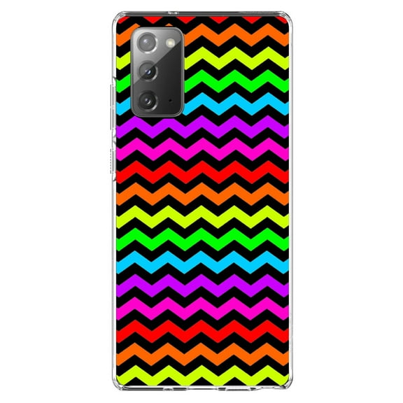 DistinctInk Clear Shockproof Hybrid Case for Samsung Galaxy Note 20 (6.7" Screen) - TPU Bumper, Acrylic Back, Tempered Glass Screen Protector - Rainbow Black Stripes Wave - Stripes Pattern