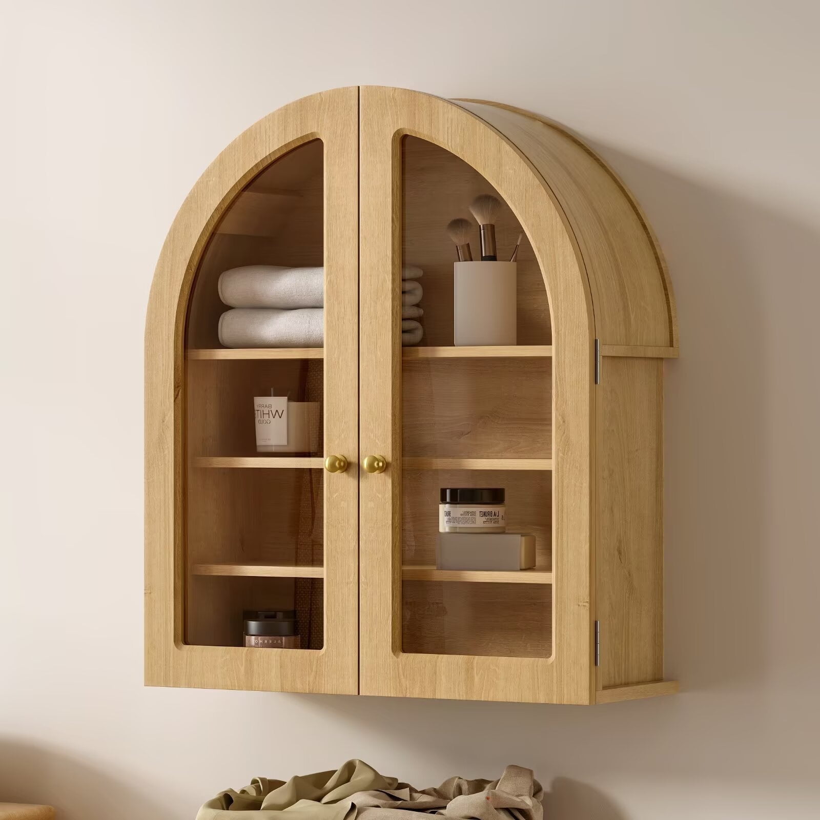 Joyyskill Arched Bathroom Wall Cabinet Modern Wooden Medicine Cabinet with Acrylic Doors, Farmhouse Wall Mounted Cupboard Storage Organizer, Natural Oak