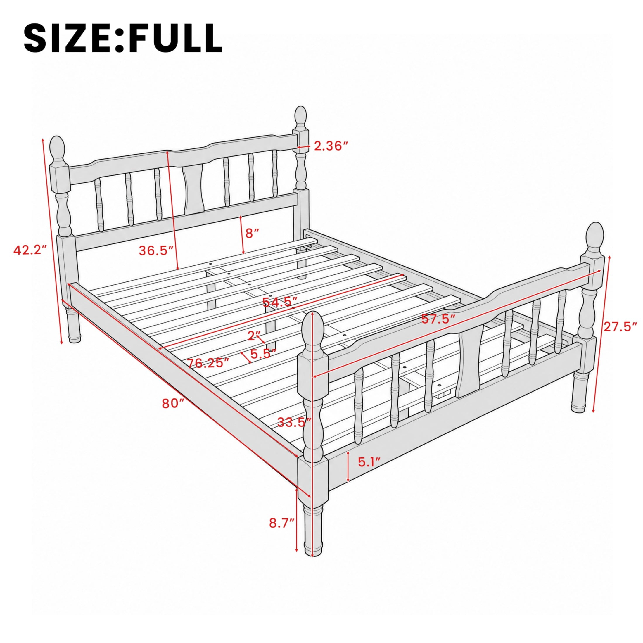 GDF Studio Betty Full Size Wooden Platform Bed Frame with Spindle Headboard, Traditional Farmhouse Style, Dark Walnut