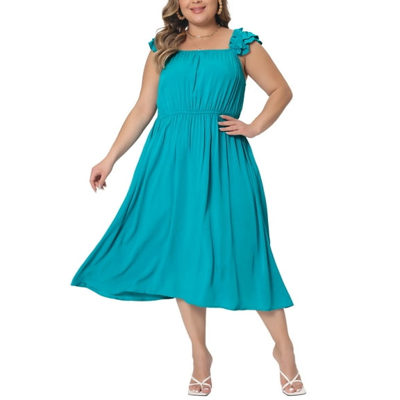 Agnes Orinda Plus Size Dress for Women Ruffle Cap Sleeve Shir Waist a Line Beach Sun Dresses 2X Lake Blue