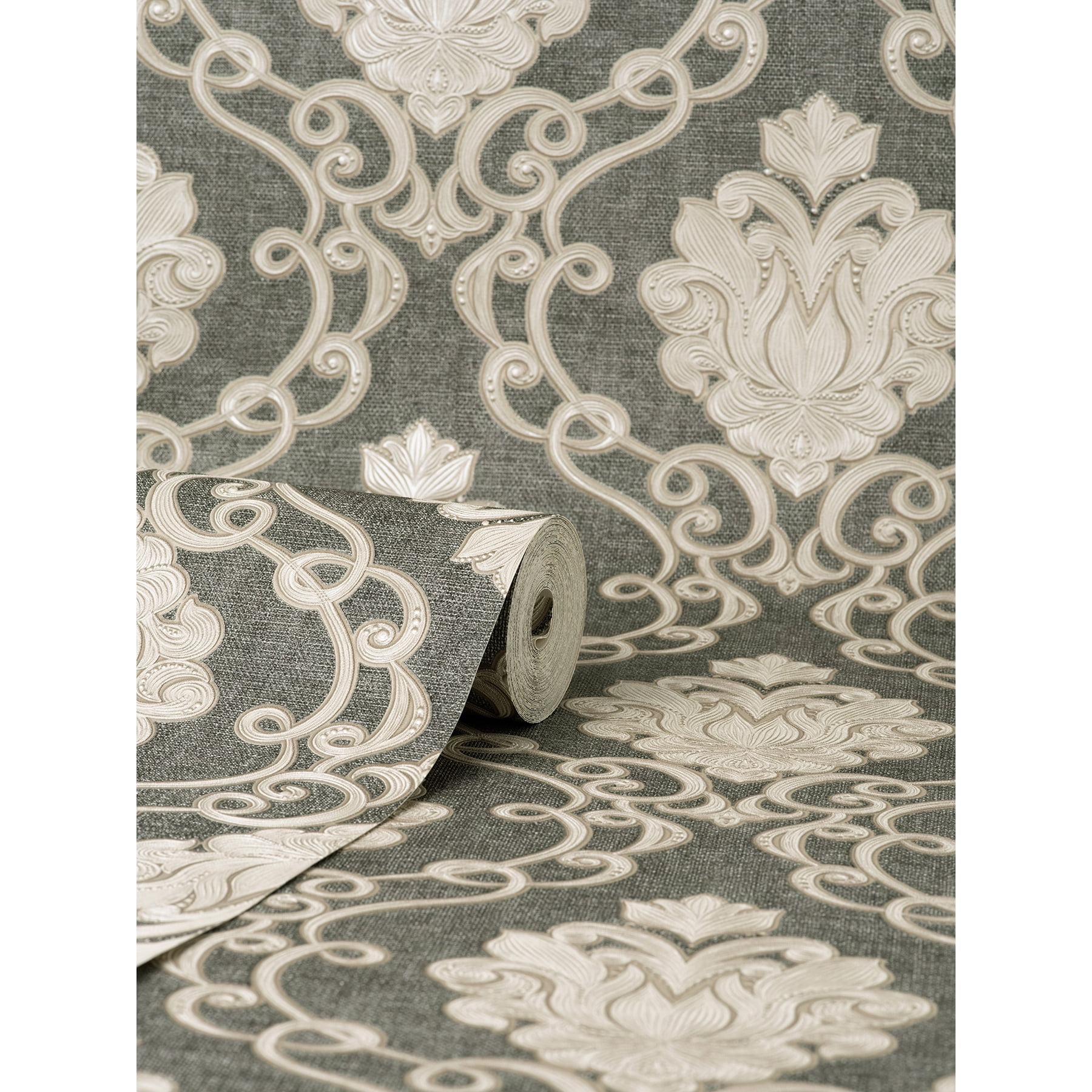 Fine Decor Florentine Charcoal Damask Wallpaper, 20.9-in by 33-ft