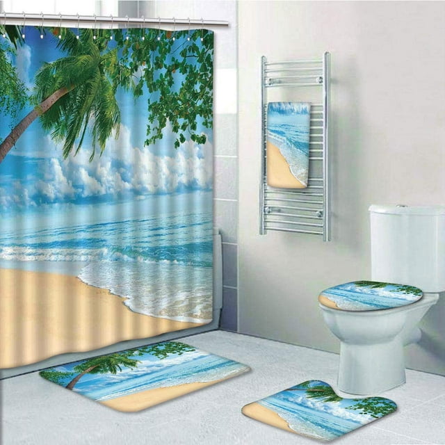 EREHome Plage Tropicale de Sable en Été Journée Ensoleillée Seacoast Seascape Horizon 5 Pièce Salle de Bain Ensemble Douche Rideau Serviette de Bain Tapis de Bain Contour Tapis et Couvercle de Toilette