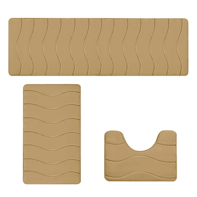 Large Foam Bath Mat Set 3 Piece Non Slip Bathroom Rugs Velvet Fleece Soft Thick Washable Absorbent Easy Dry Modern Design