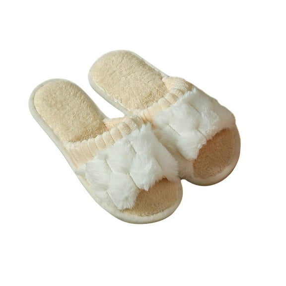 RUIYANQI Women's Plush Open Toe Slippers Fuzzy Woven Strap House Shoes Soft Comfortable Indoor Slides Non Slip Sole Warm Cozy Bedroom Slippers for Winter Trendy Fashion Footwear