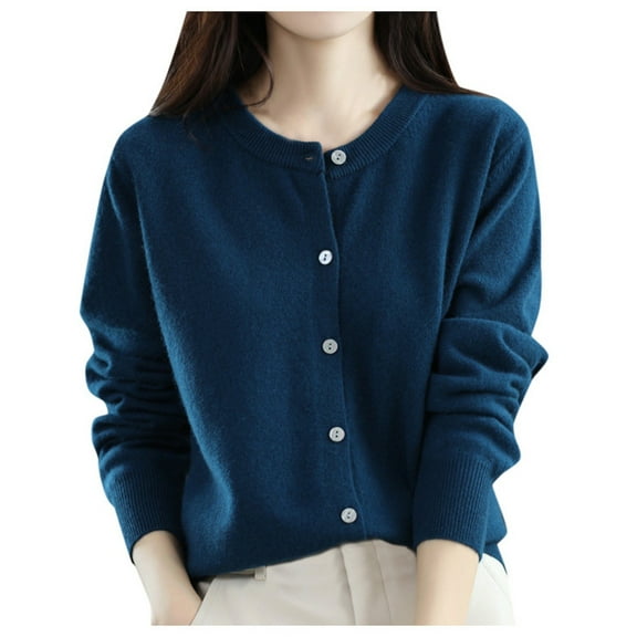 Summer Cardigans for Women Lightweight Sophisticated Round Neck Long Sleeve Button Knit Sweater Solid Color Classic Fit Womens Cardigans