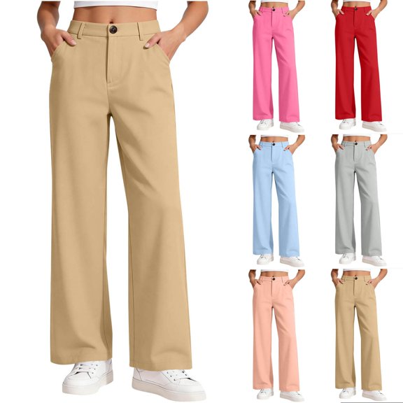 HAOTAGS Girls School Uniform Pants (5-15) High Waist Wide Leg Dress Pants Casual Straight Leg Trousers with Pockets Khaki Size 9
