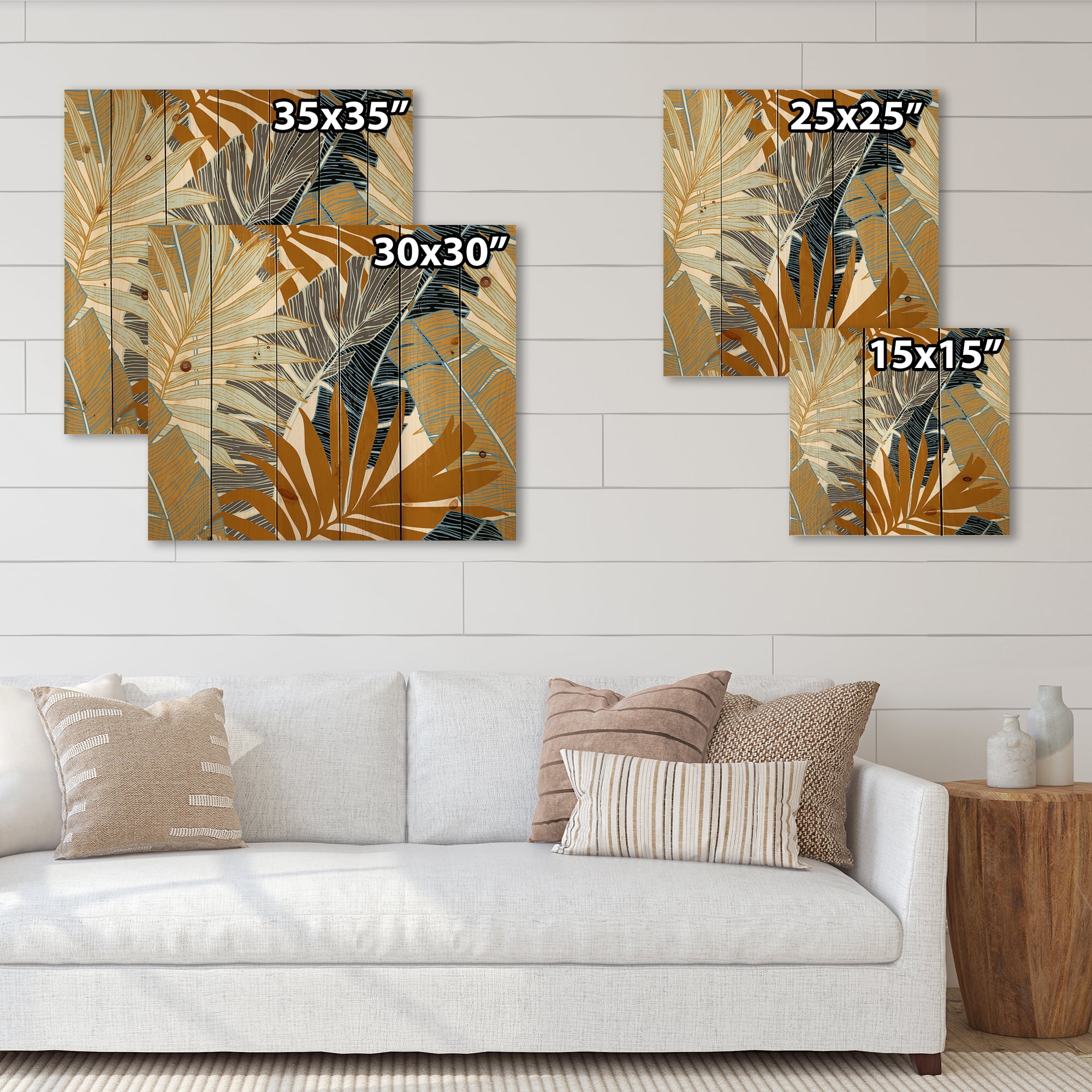 Designart 'Abstract Tropical Summer Banana Leaves and Palm Tree' Modern Print on Natural Pine Wood