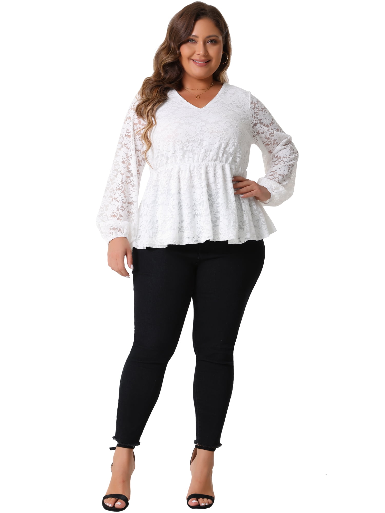 DARING DIVA Women's Plus Lace  V Neck Long Sleeve Floral Peplum Blouse 4X White