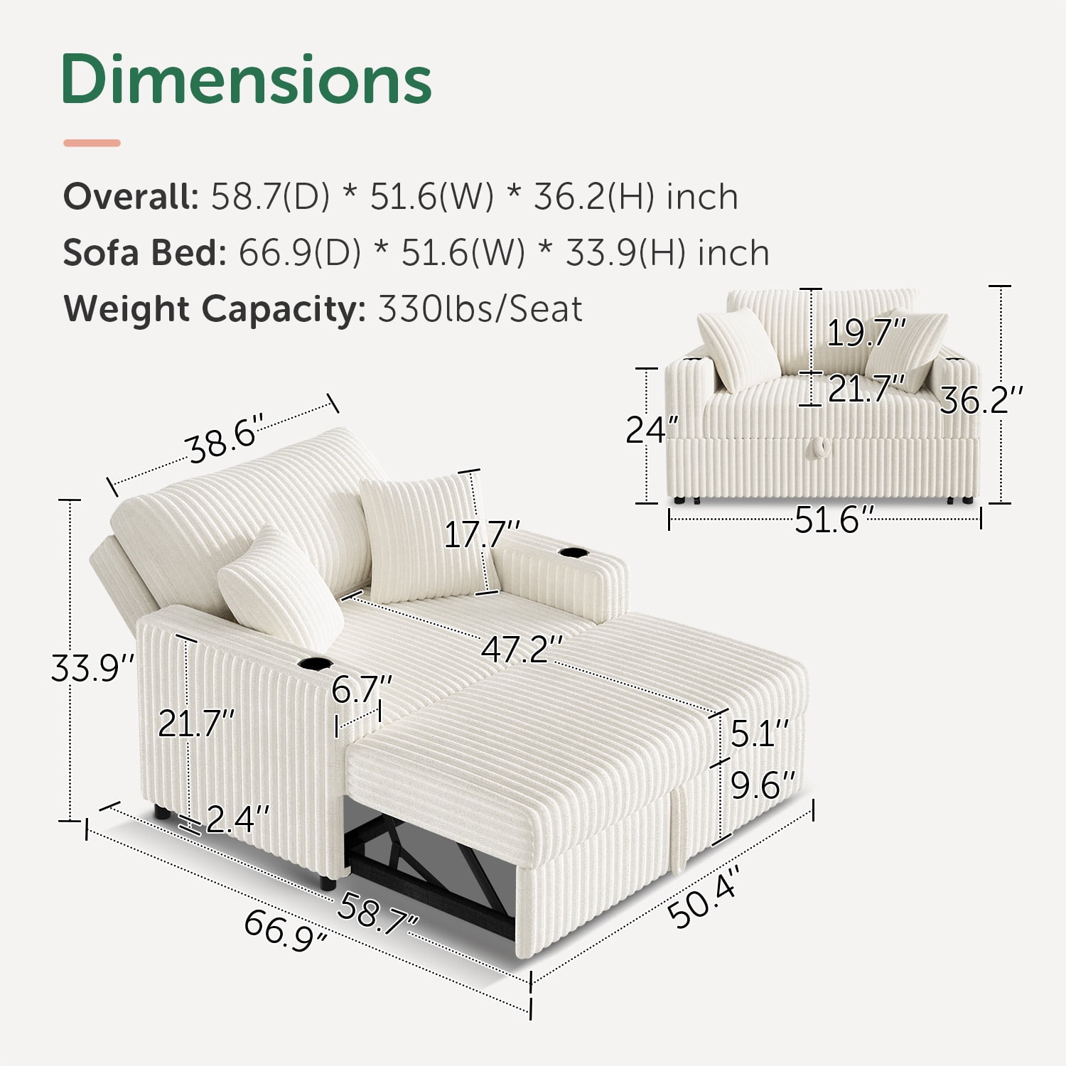 Marrber 52" Convertible Sleeper Loveseat with Reclining Backrest & Cup Holders, Pet-Friendly Corduroy for Small Space, Beige