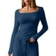 thumbnail image 2 of Blusas para mujer,Camiseta informal de manga larga con cuello cuadrado para mujer, jersey de poliéster, color liso, cómoda para uso diario, sopatenor, 2 of 9
