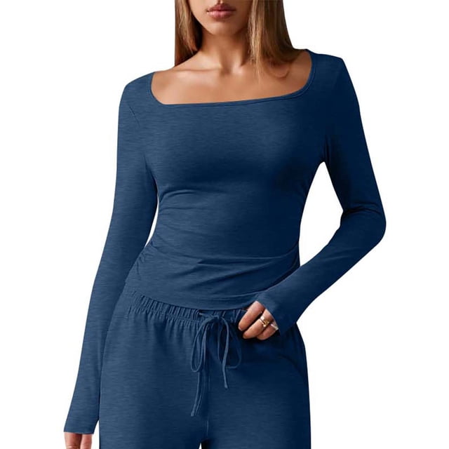 Neewe Womens Classic Plain Square Neck Long Sleeve T Shirt Pullover Soft Slim Fit Tops for Fall Outfits