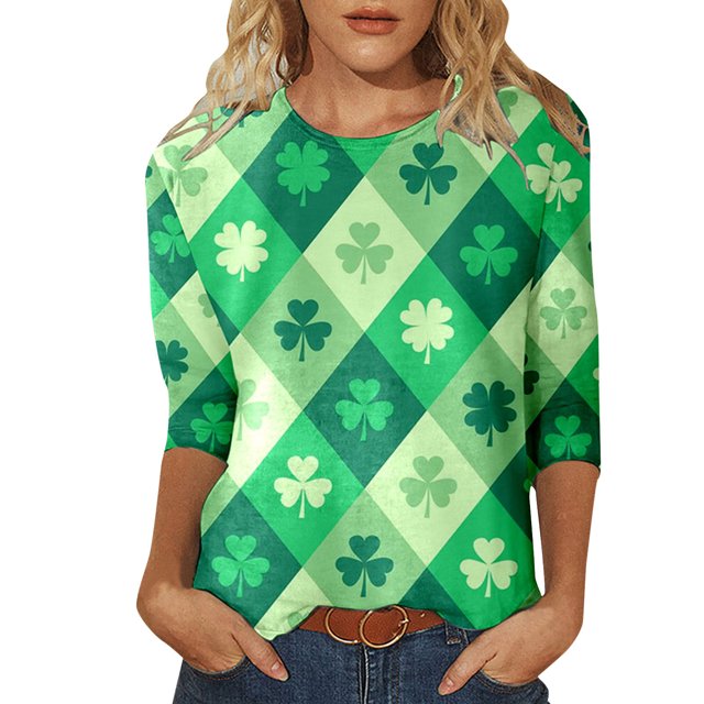 TSADFHJI T-Shirts pour Femmes, Col Rond Décontracté, Imprimé Jour de la Saint-Patrick, Manches Trois-Quarts, m Vert