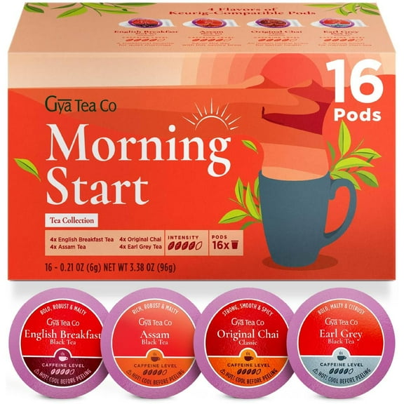 Gya Tea Co Morning BDF32 Start Tea Gift Set (16 ct) - Assorted Tea Pod Variety Pack with English Breakfast, Assam, Original Chai & Earl Grey 4 Flavors for Refresh & Energy
