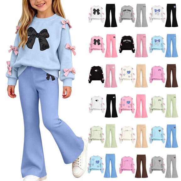 Spazoro Girls 2 Piece Outfit Set with Bow Decor, Fall Winter Casual Graphic Long Sleeve Sweatshirt and Flared Leg Pants Blue Size 9-10