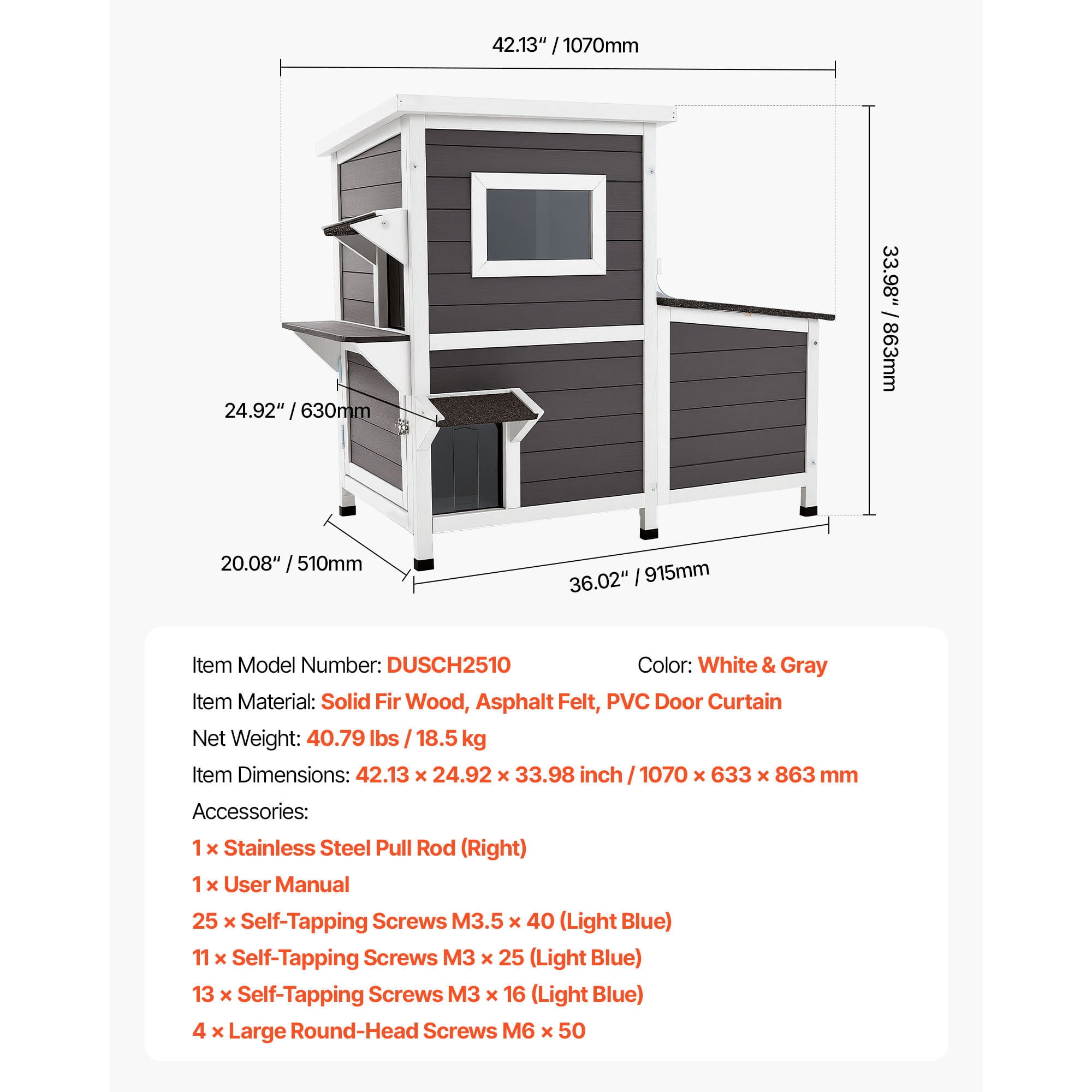 KFFKFF Wooden 2-Story Outdoor Cat House, Elevated Shelter for Feral Cats with Stairs, Windows, Flap Doors, 42"