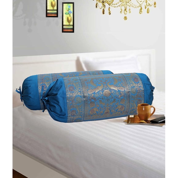 Stylo Culture Indian Polydupion Cylindrical Tube Pillow Bolster Pillow Covers Blue Jacquard Brocade Border Elephant Large Couch Round Cylinder Cushion Covers (Set of 2) | 30x15 Inches (76x38 cm)